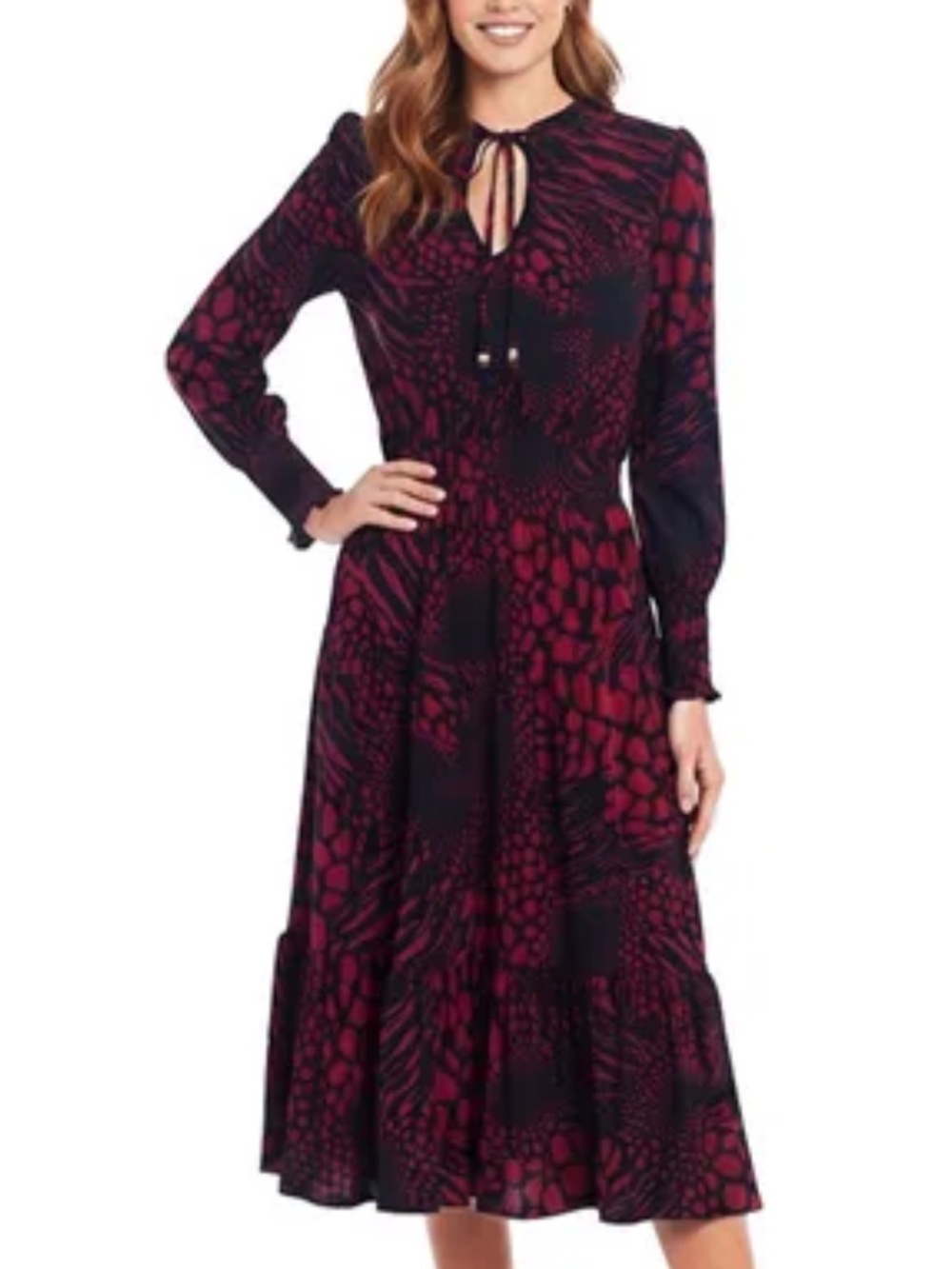Michael Kors Burgundy and Black Printed Tie-Neck Midi Dress